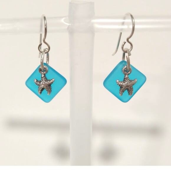 925 Sterling Silver Starfish Dangle Drop Earrings Square Seaglass Beach Jewelry - Picture 1 of 7